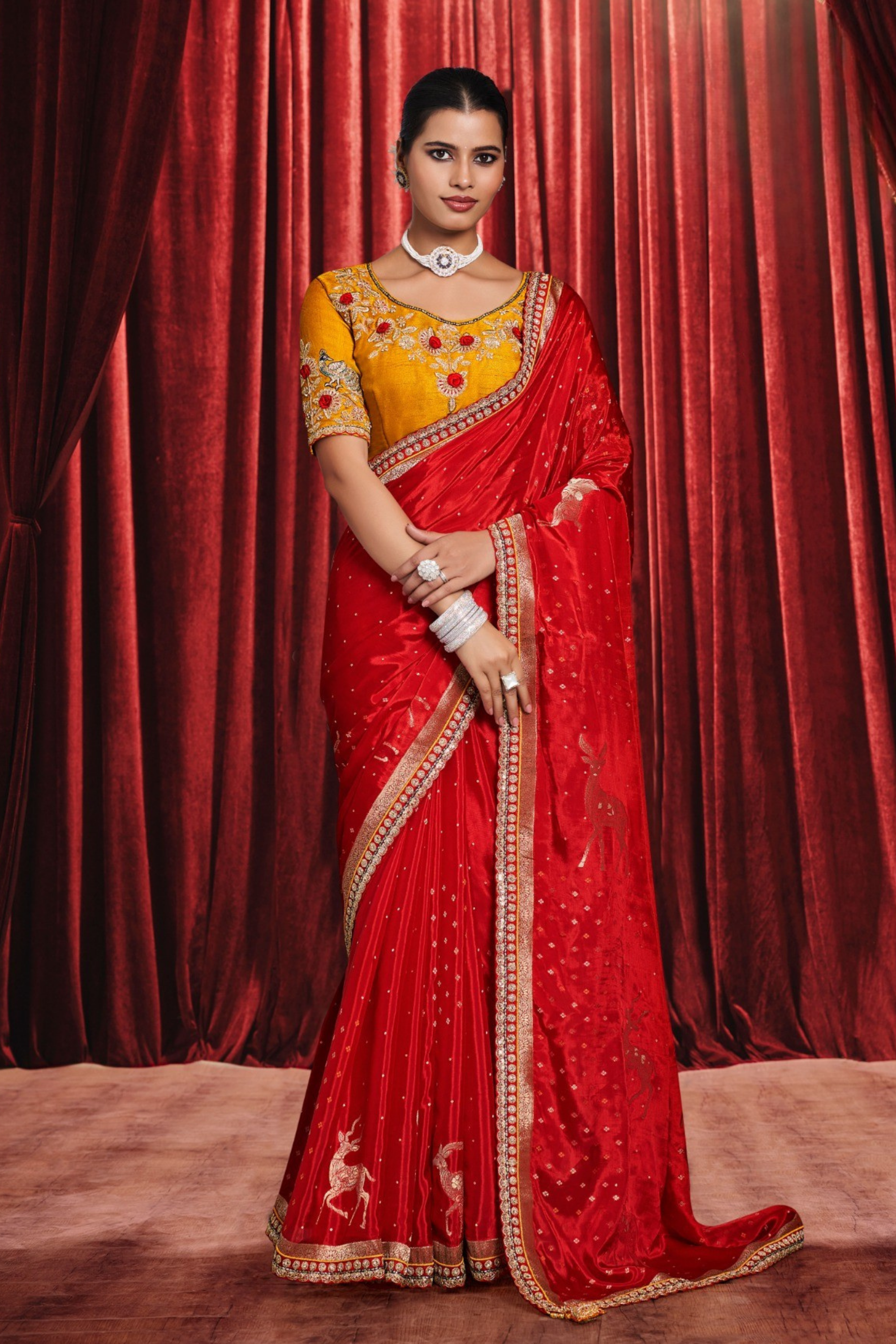 Scarlet Red Embroidered Silk Saree Main image