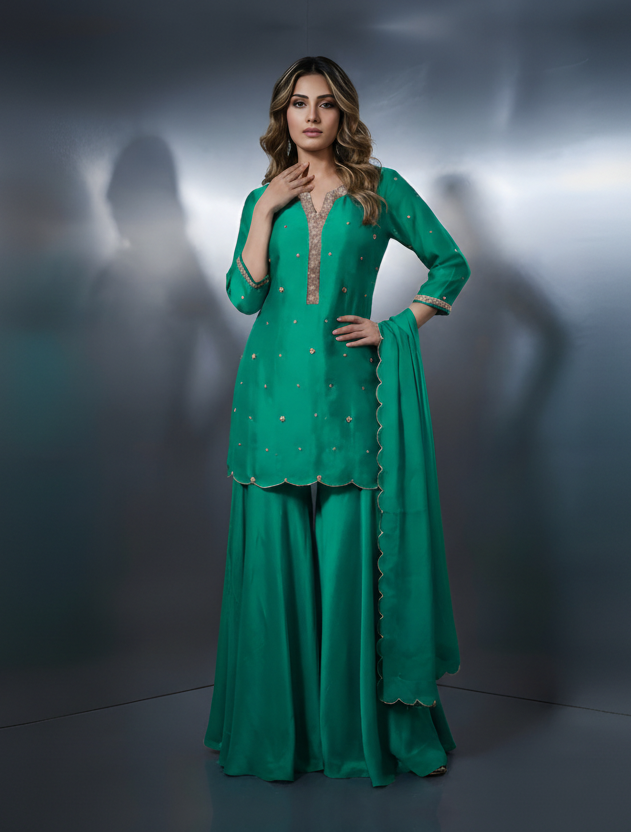 Silk Scalloped Kurta & Sharara Set