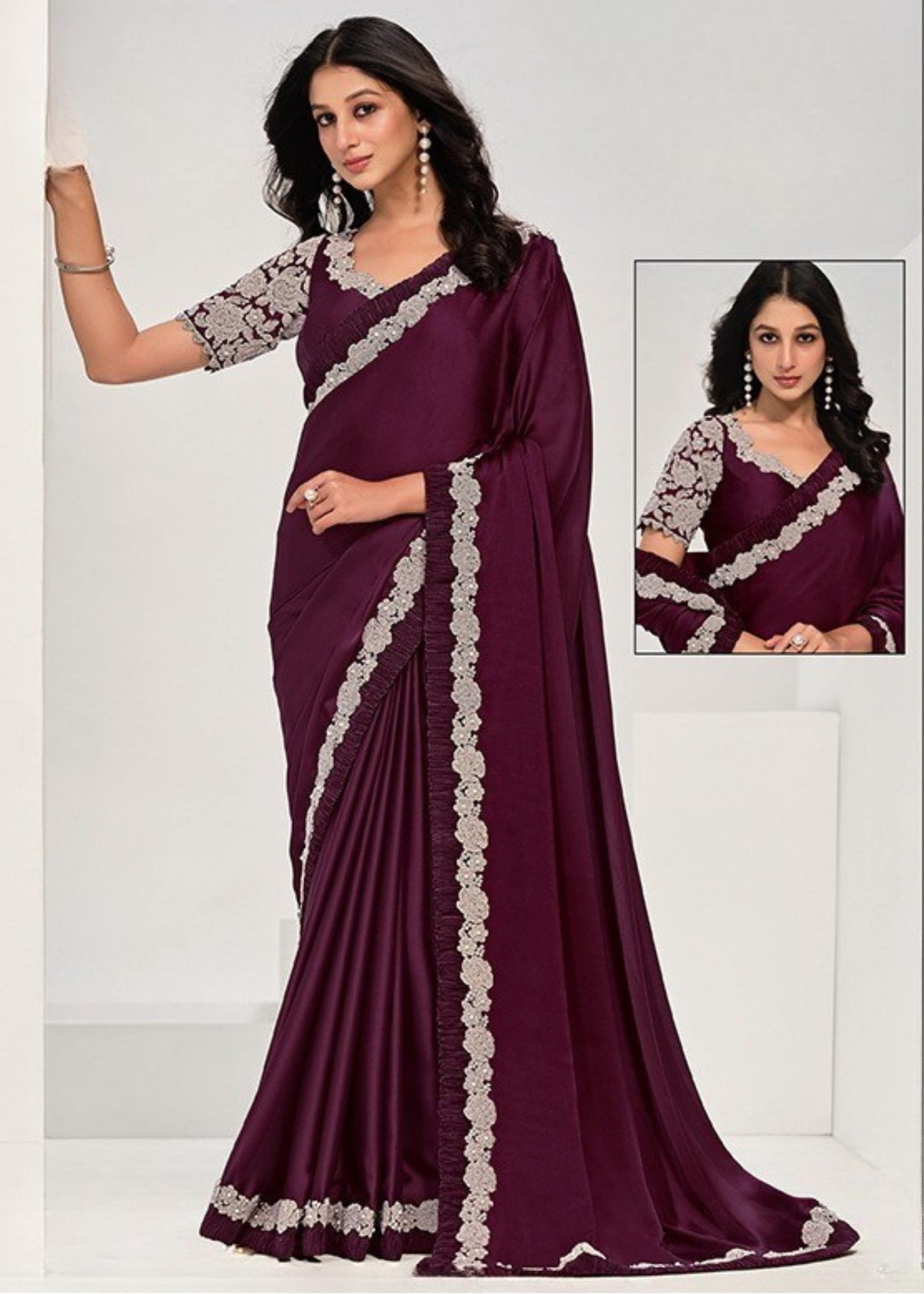 Sophisticated Deep Wine Satin Silk Saree Main image