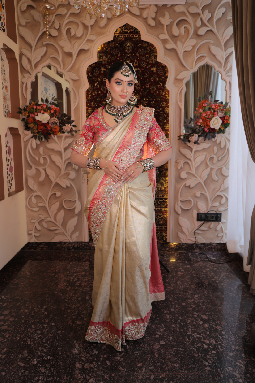 Champagne & Fuchsia Hand-Embellished Silk Saree Main image