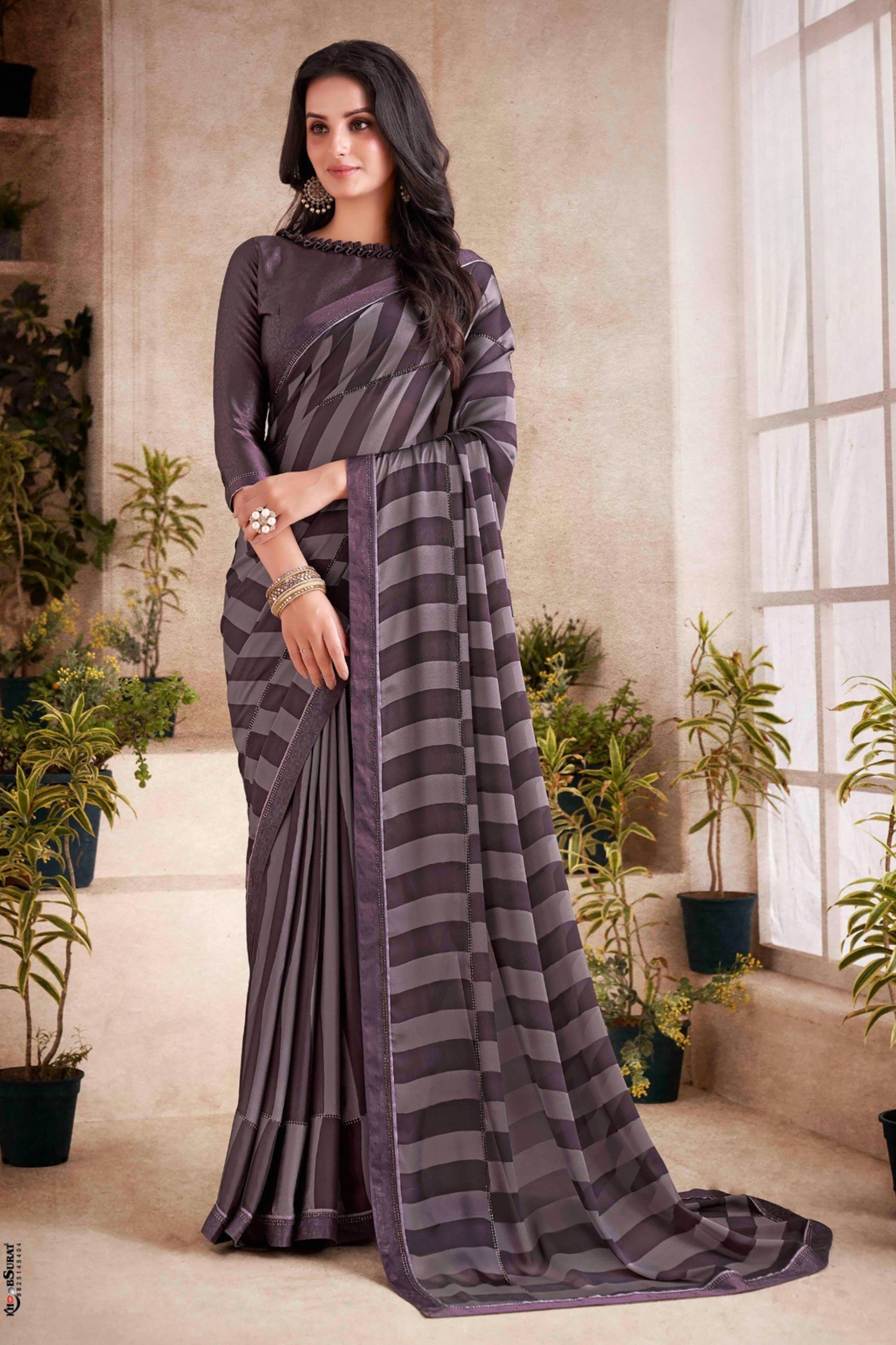 Slate Grey Striped Georgette Saree Main image