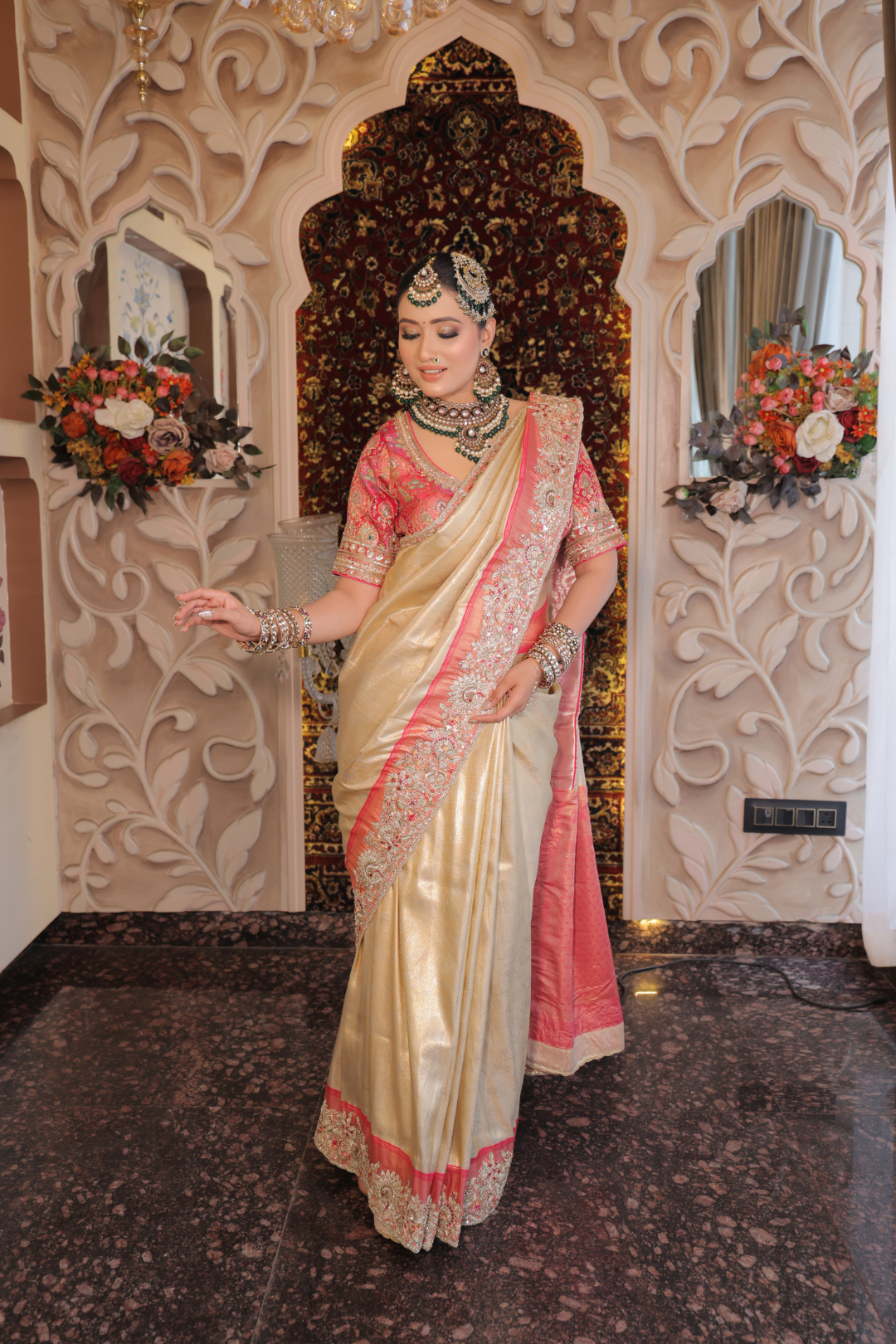 Champagne & Fuchsia Hand-Embellished Silk Saree
