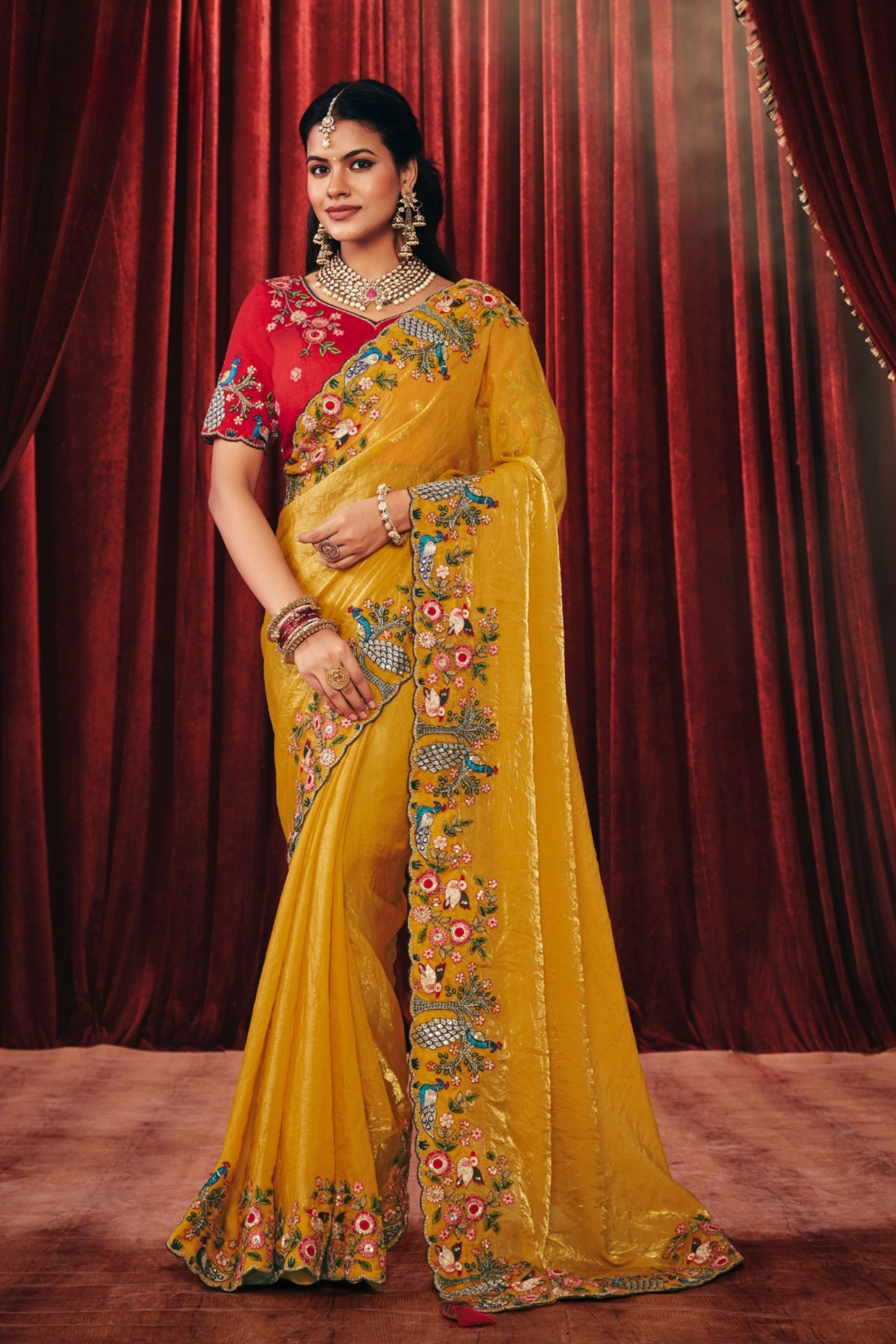 Yellow Embroidered Tissue Silk Saree Main image