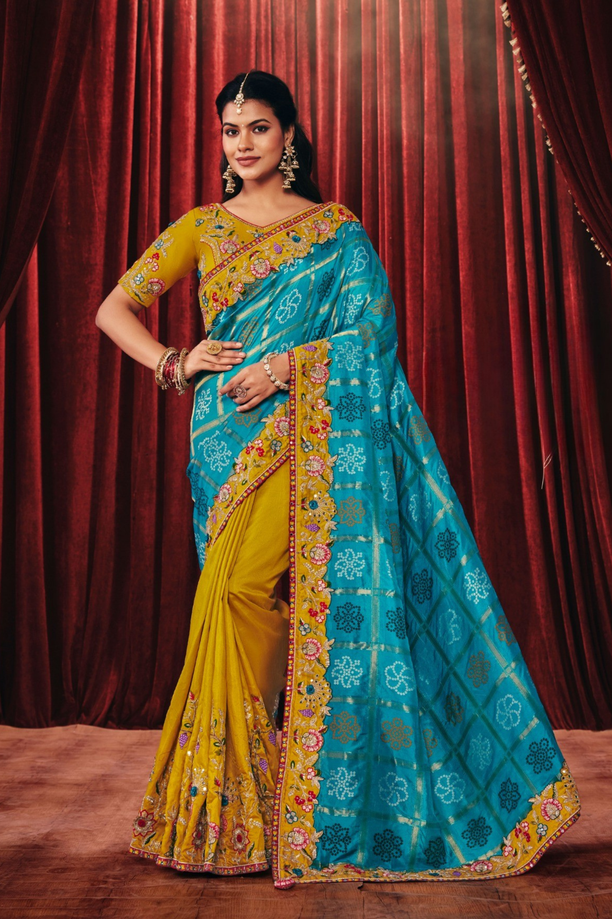 Turquoise Blue & Mustard Silk Saree Main image