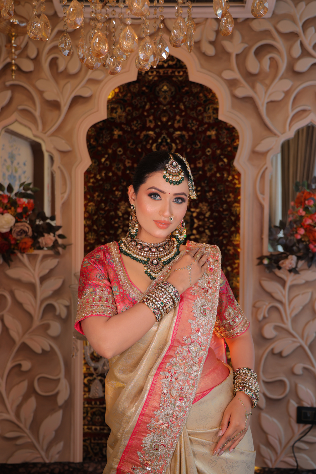 Champagne & Fuchsia Hand-Embellished Silk Saree