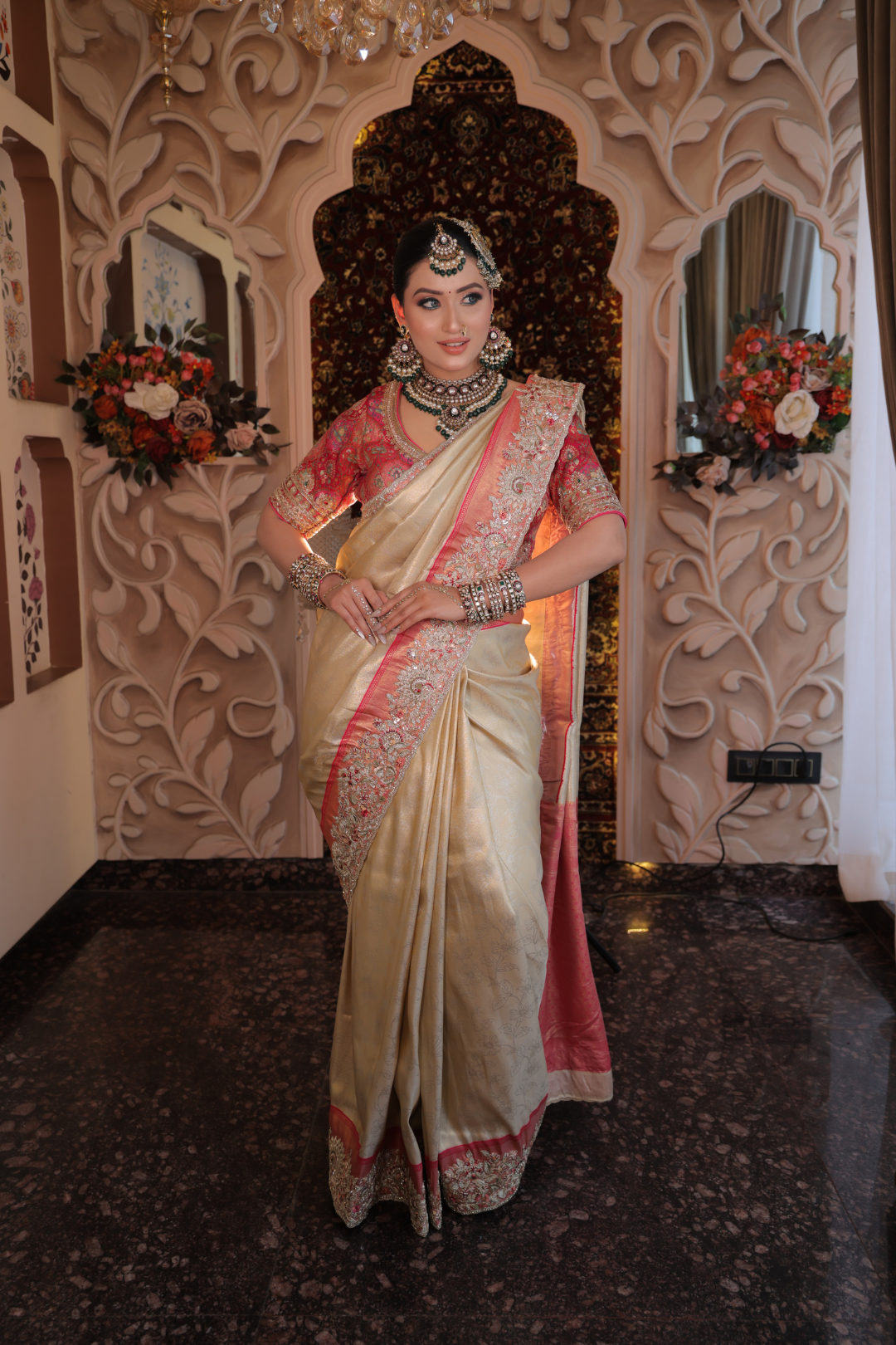 Champagne & Fuchsia Hand-Embellished Silk Saree