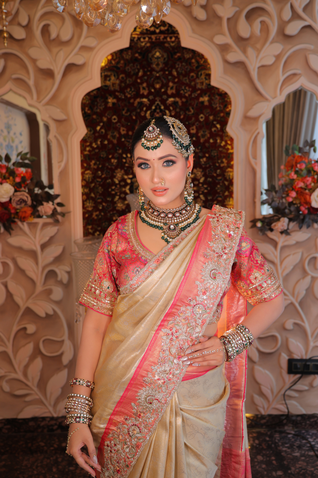 Champagne & Fuchsia Hand-Embellished Silk Saree