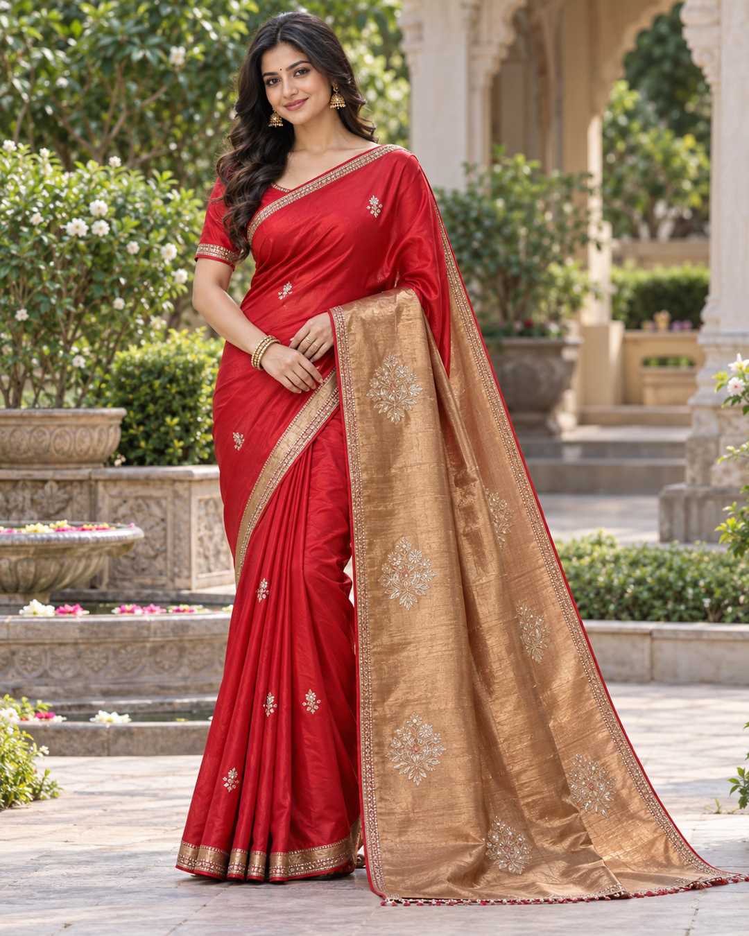 Red Silk Saree with Contrasting Gold Embroidered Pallu