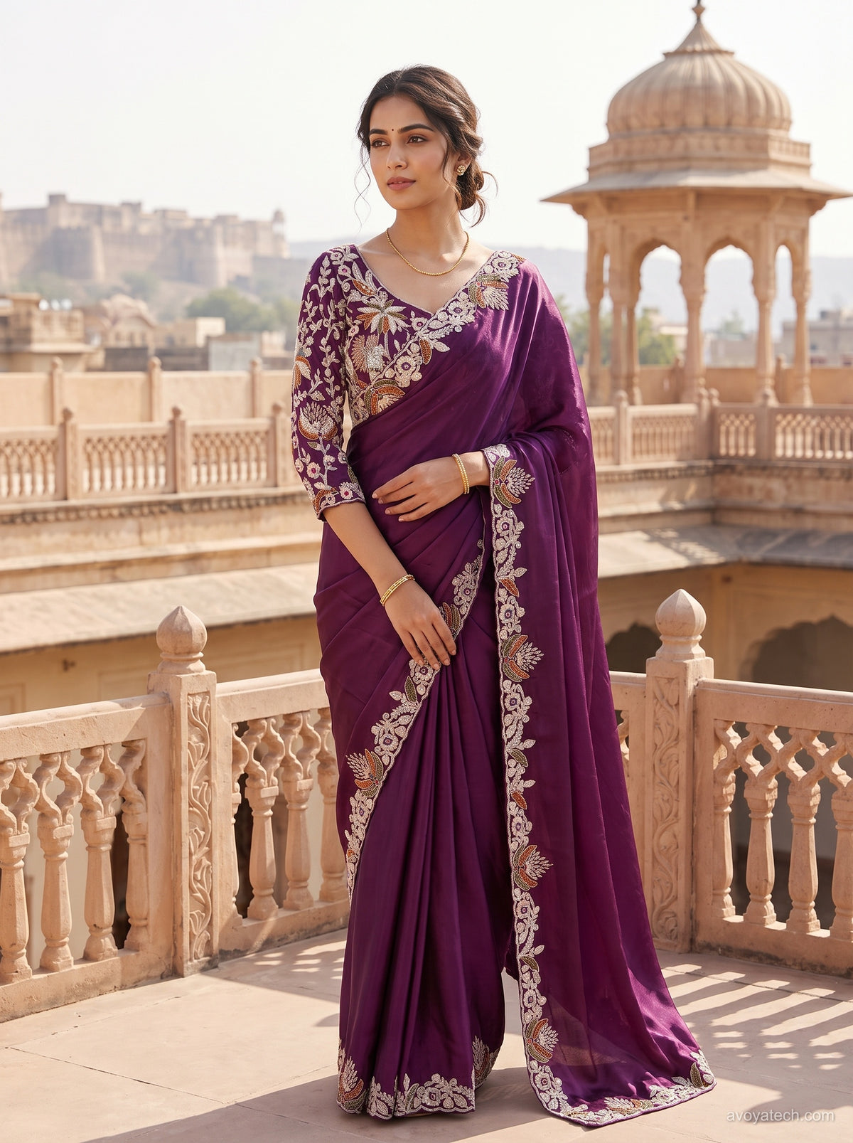 Elegant Wine Purple Organza Saree with Intricate Floral Embroidery