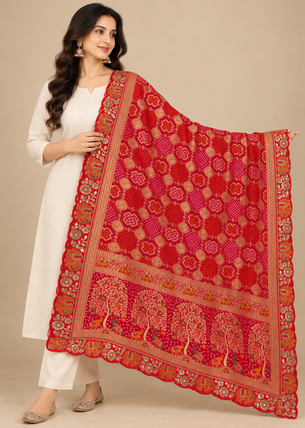 Red Bandhani Shikargah Scalloped Silk Dupatta