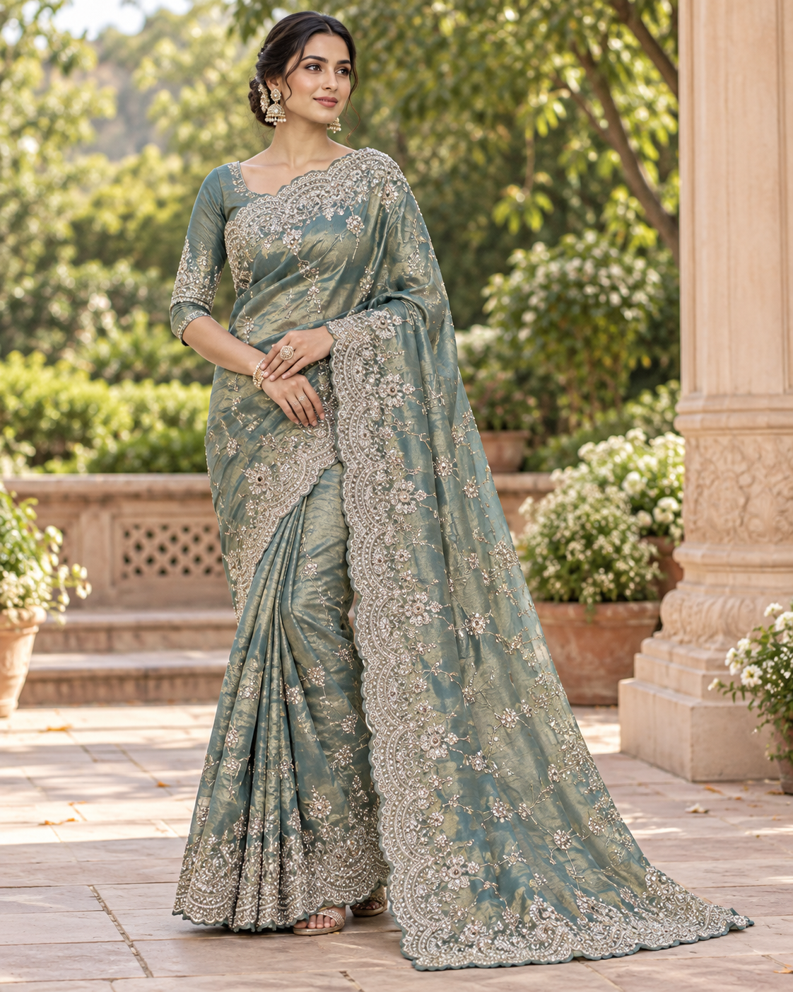 Sea Green Silk Saree With Scallop Border