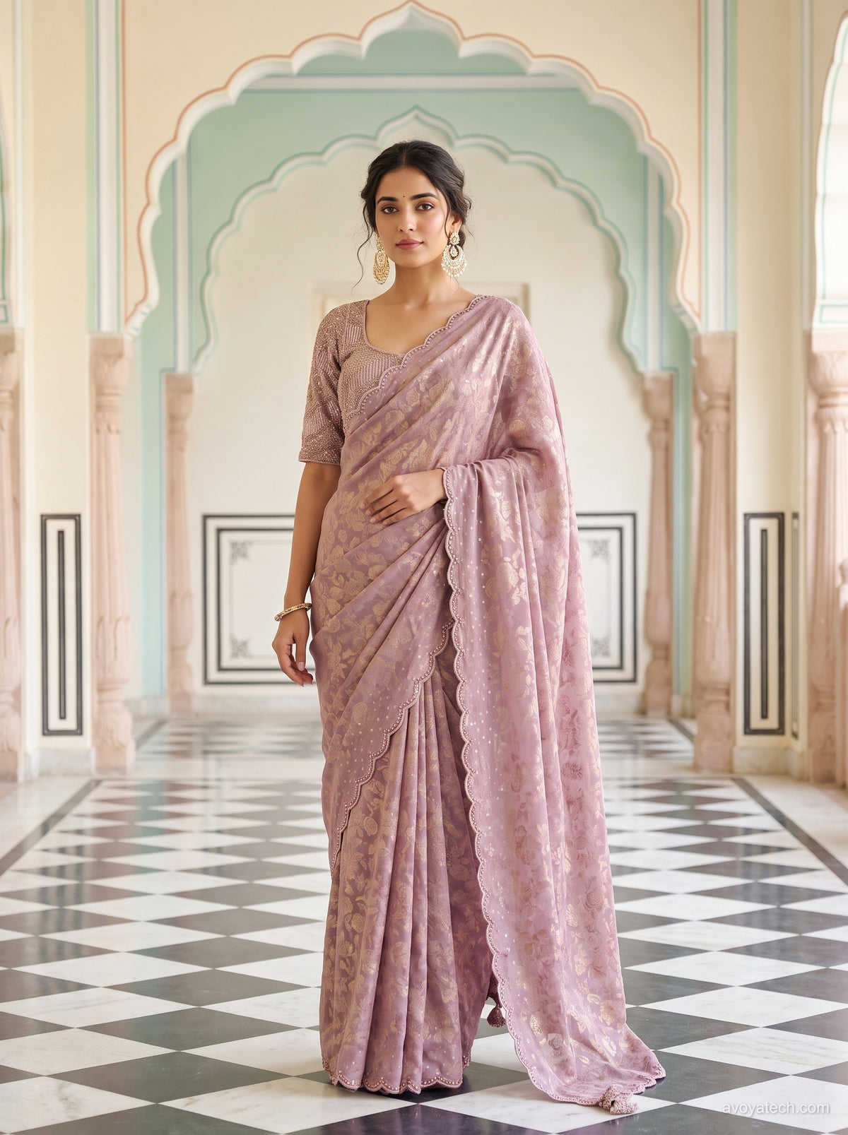 Lavender Silk Saree with Golden Floral Weave Main image