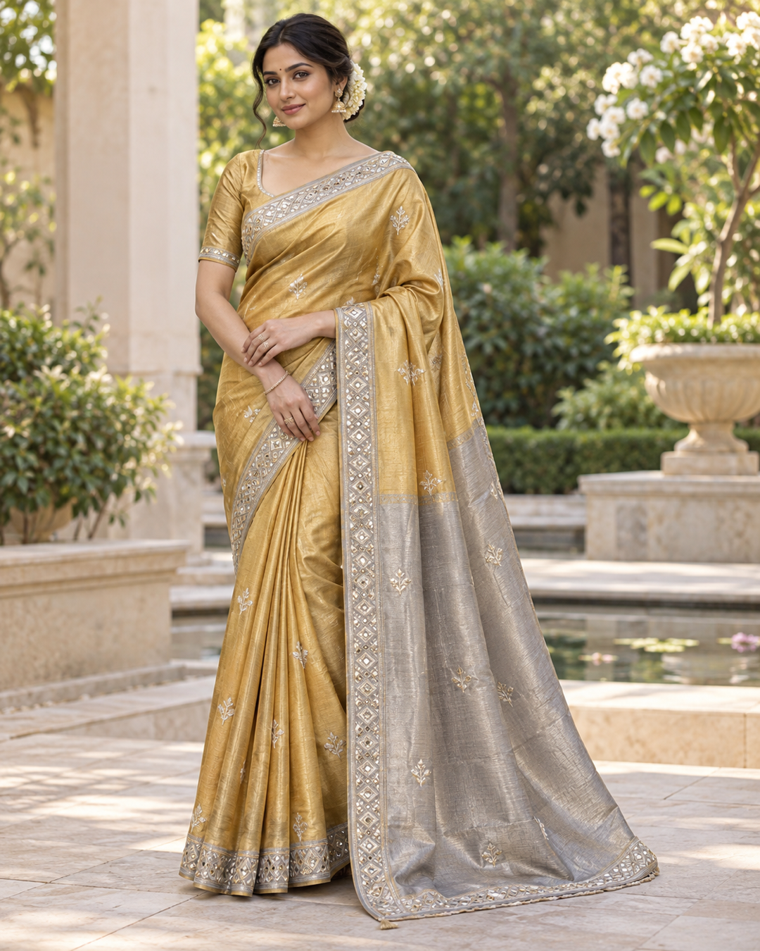 Gold and Silver-Grey Silk Saree with Embroidered Border