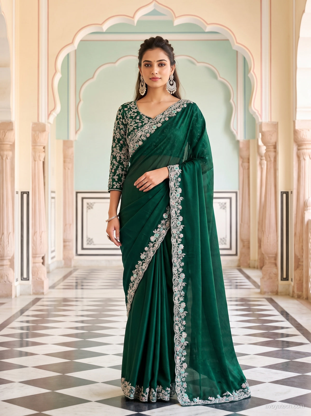 Bottle Green Organza Saree with Silver Floral Embroidery Main image