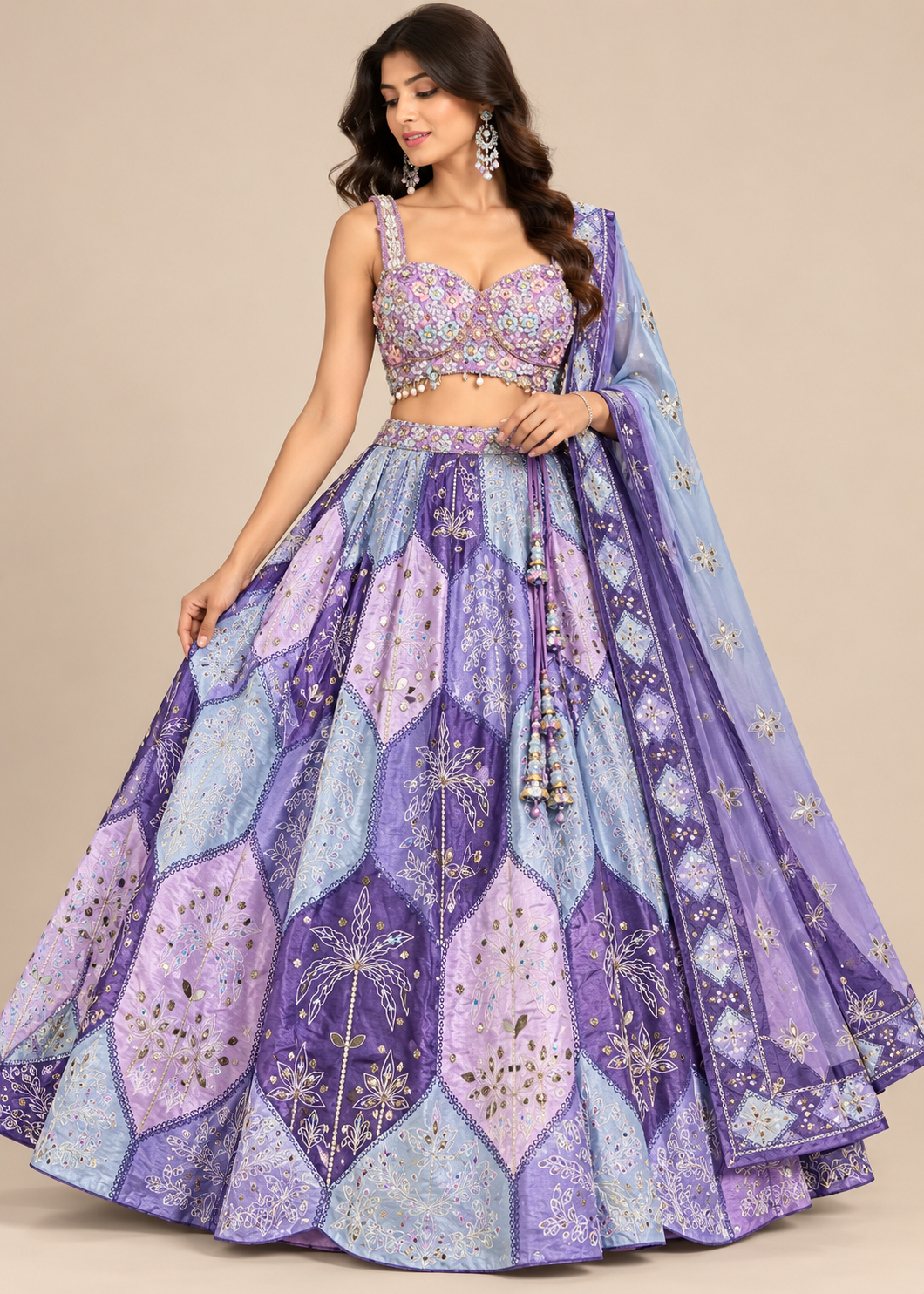 Purple Geometric Panel Lehenga with Floral Embellished Blouse