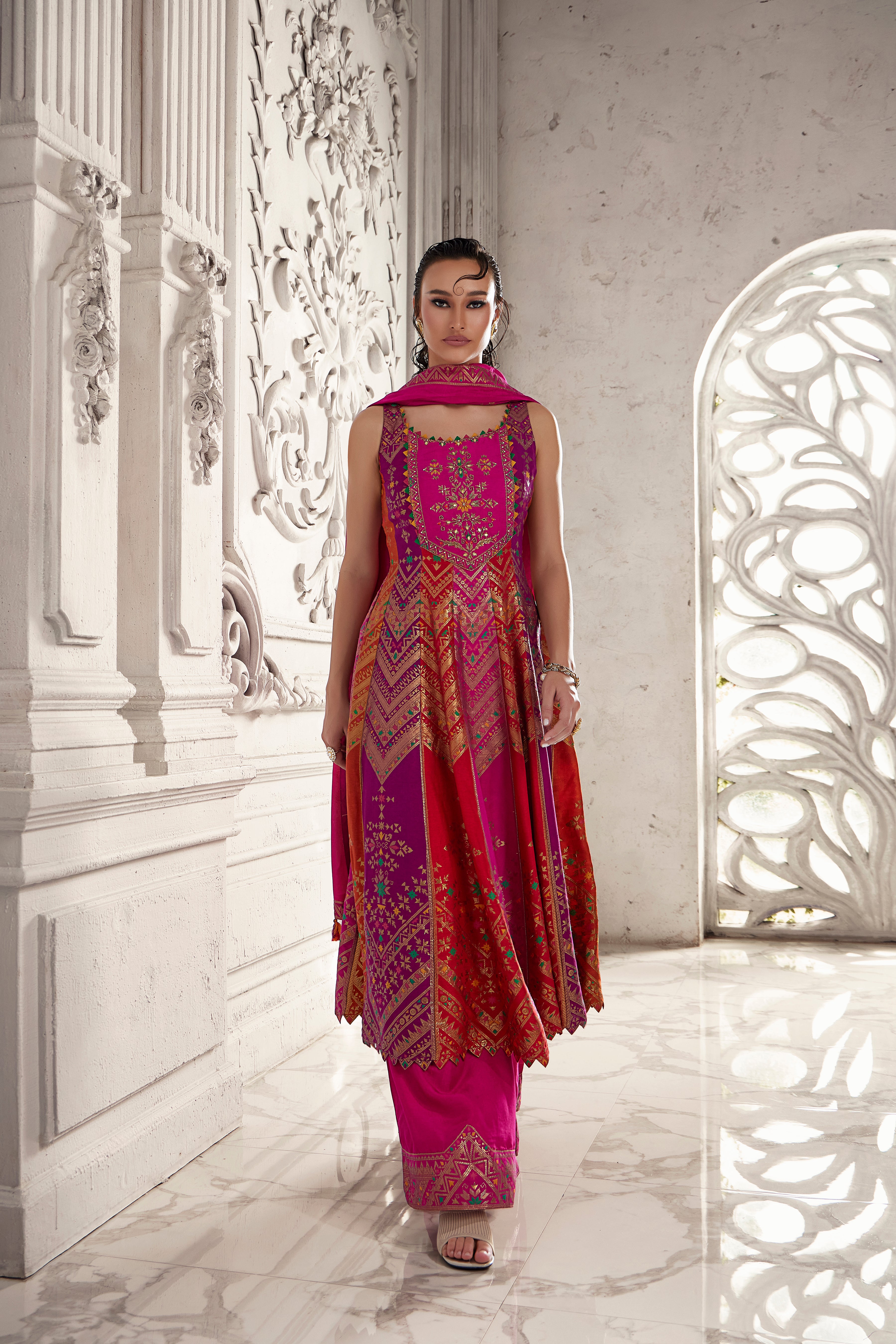 Fiery Multi-Tone Anarkali with Concentrated Geometric Print and Embroidery (VARSHA M-24) Main image