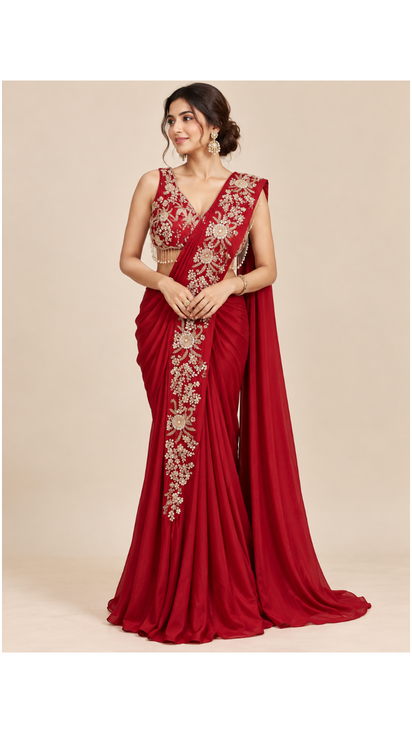 Crimson-Red Pre-Draped Saree &amp; Embroidered Fringe Bustier Set