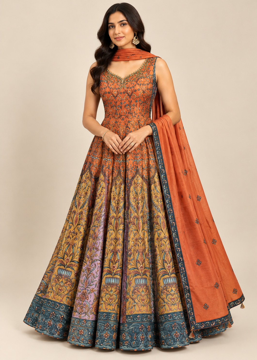 Rust-Orange &amp; Multi-Tonal Kalamkari-Print Kalidar Gown Main image