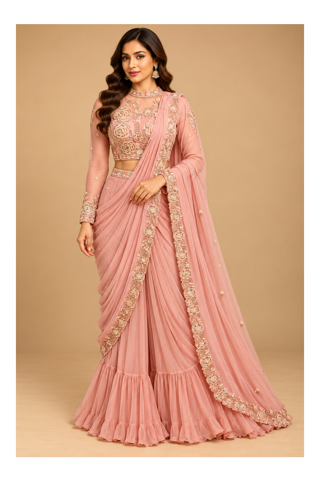 Blush-Pink Embroidered Pre-Draped Sharara-Saree & Blouse Set
