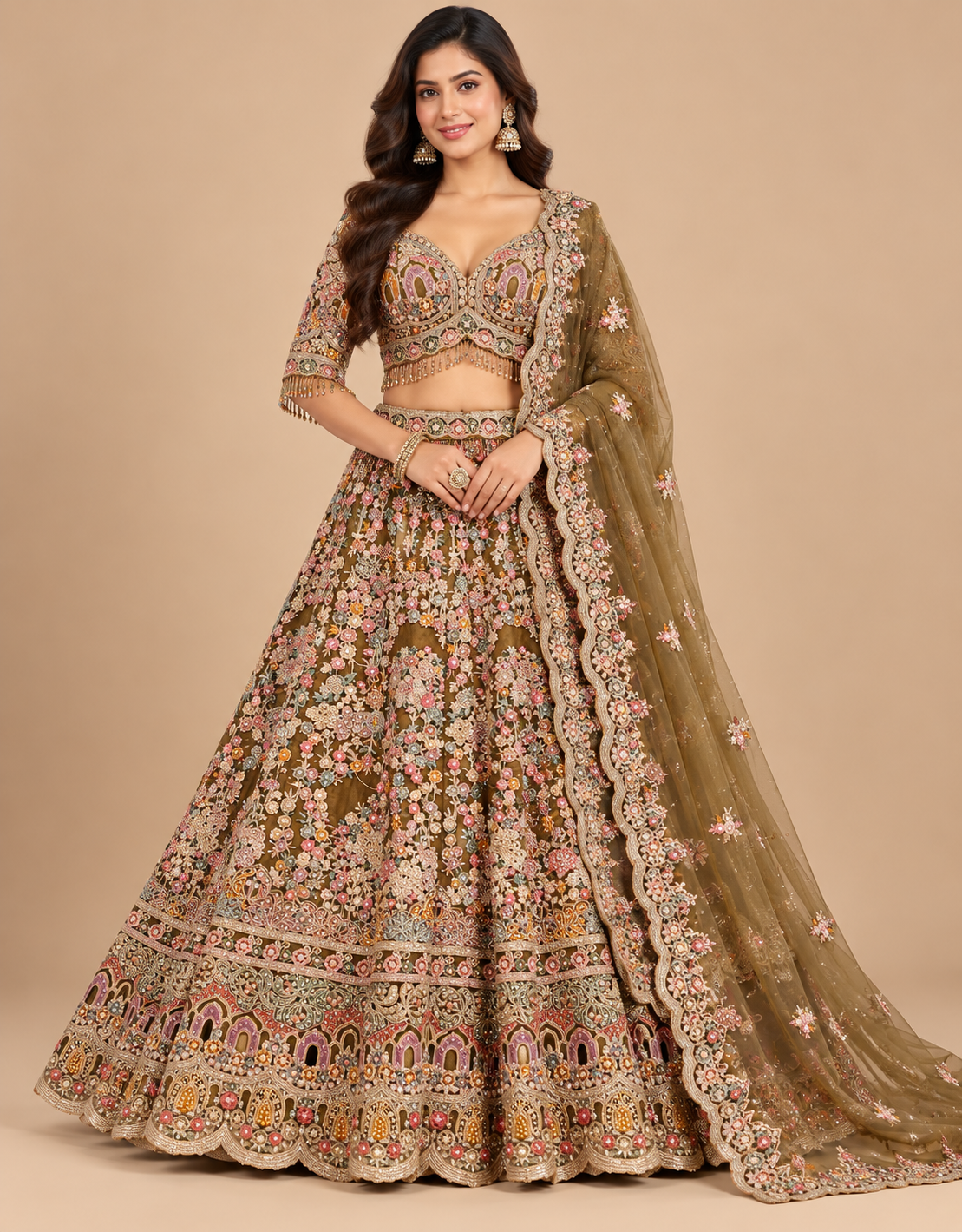 Olive Gold Multi-Resham Embroidered Bridal Lehenga Choli Set
