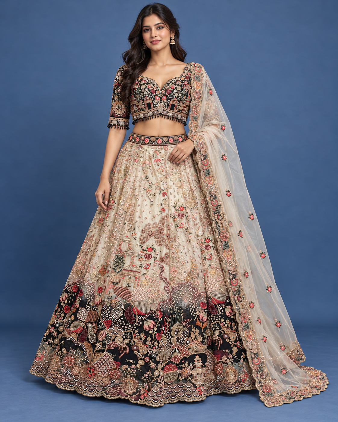 Ivory Black Embroidered Heritage Bridal Lehenga