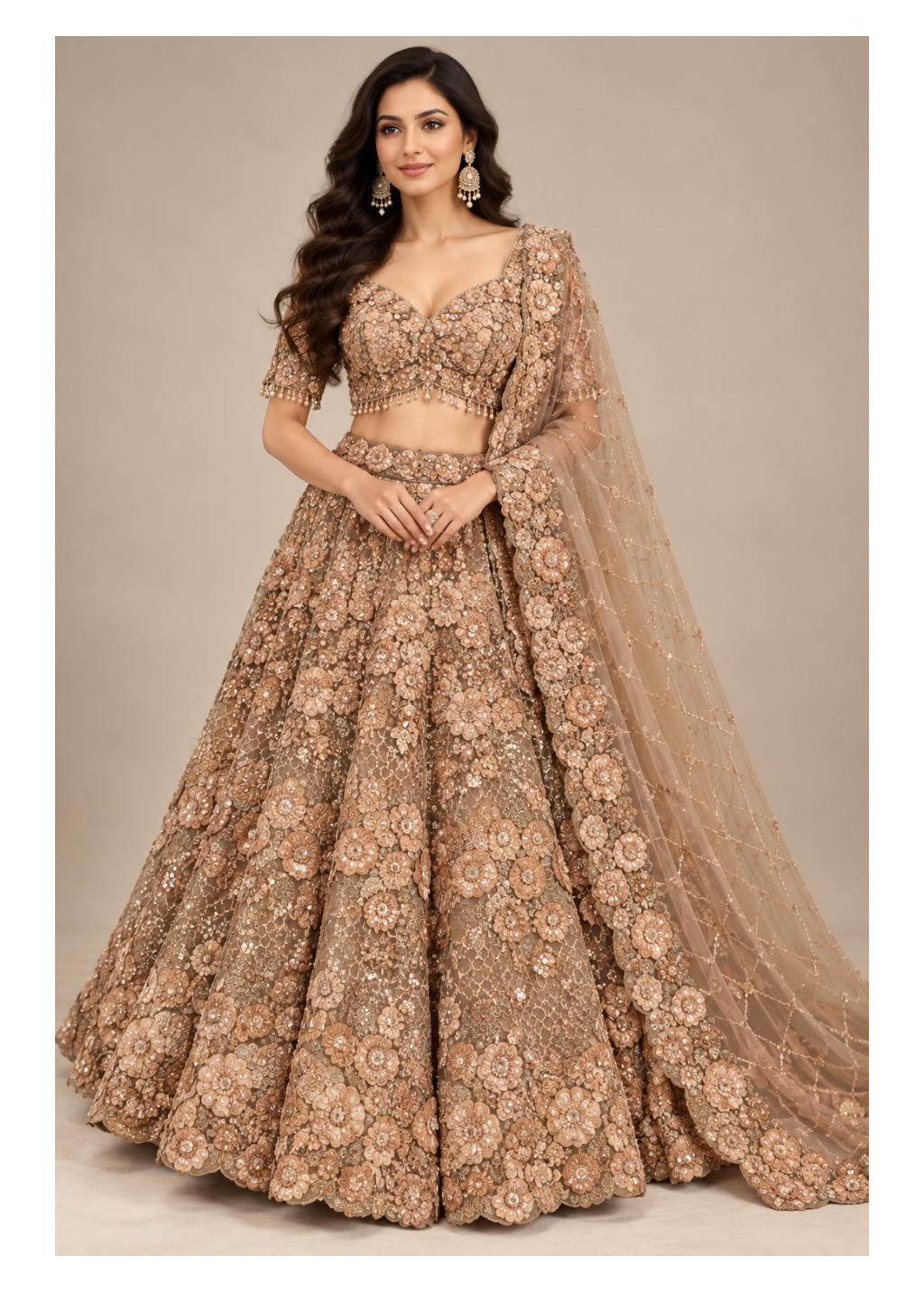 Mocha Brown Floral Embroidered Lehenga Set