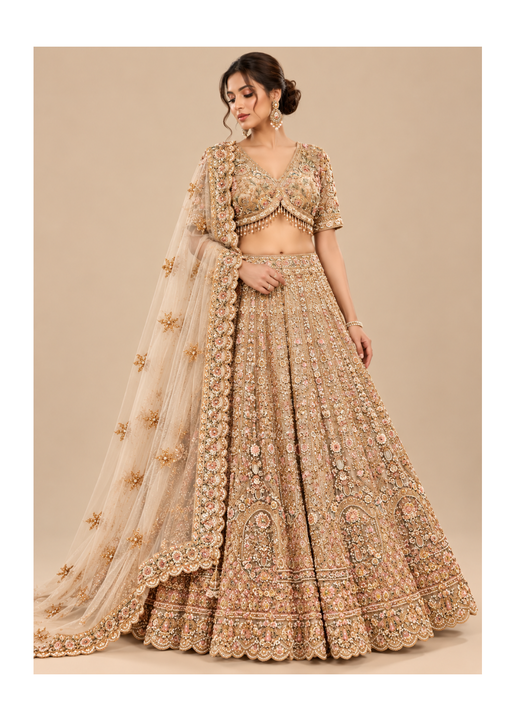 Champagne Gold Pastel Floral Bridal Lehenga