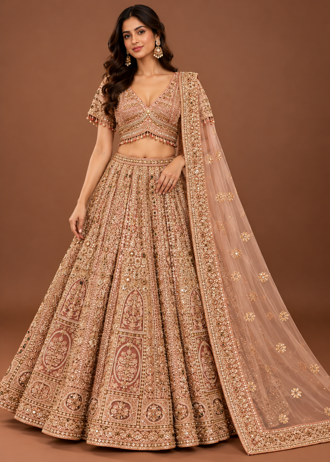 Dusty Peach Heritage Embroidered Bridal Lehenga