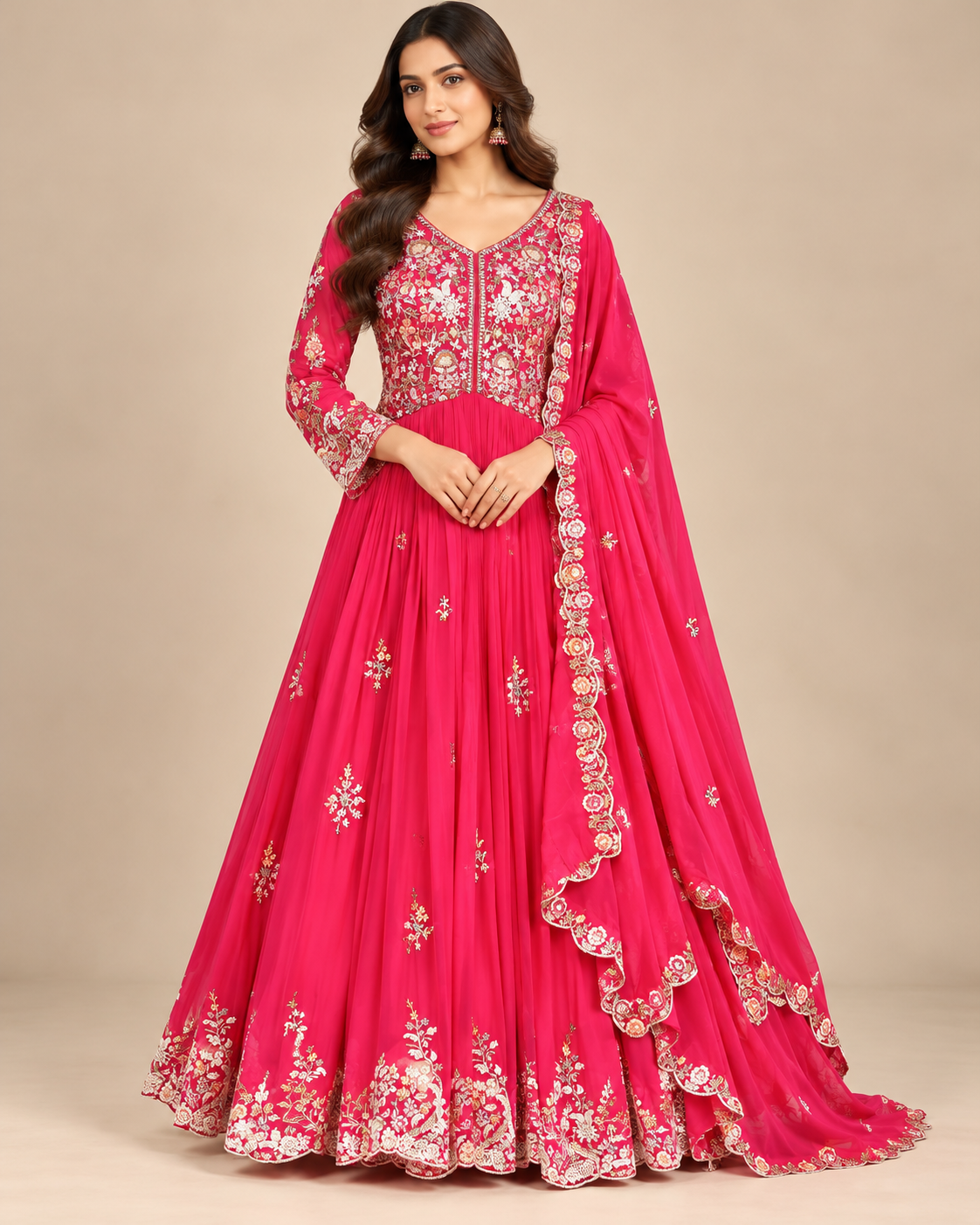 Rani Pink Floral Embroidered Anarkali Gown