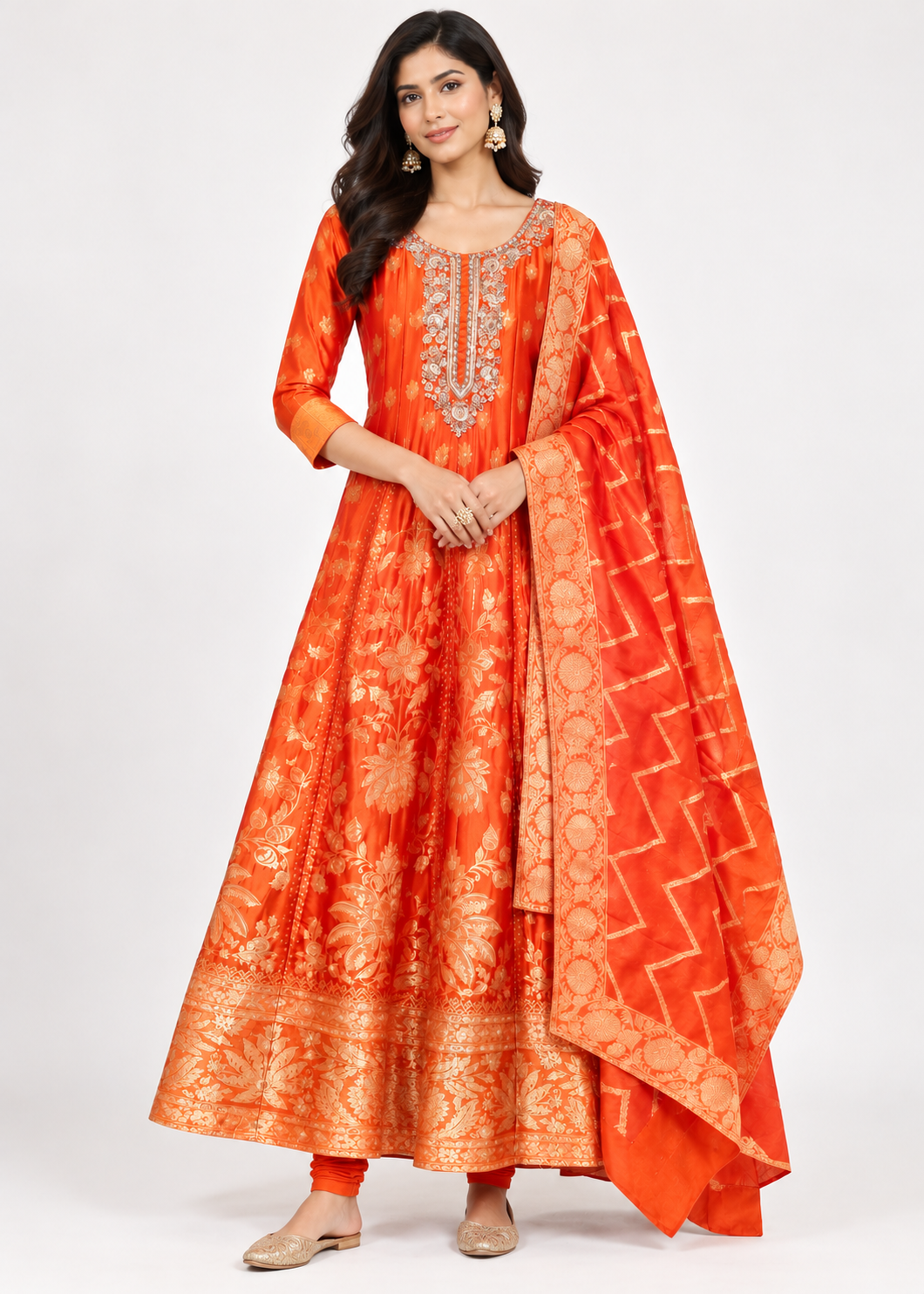 Vibrant Orange Gold Floral Anarkali Suit Set