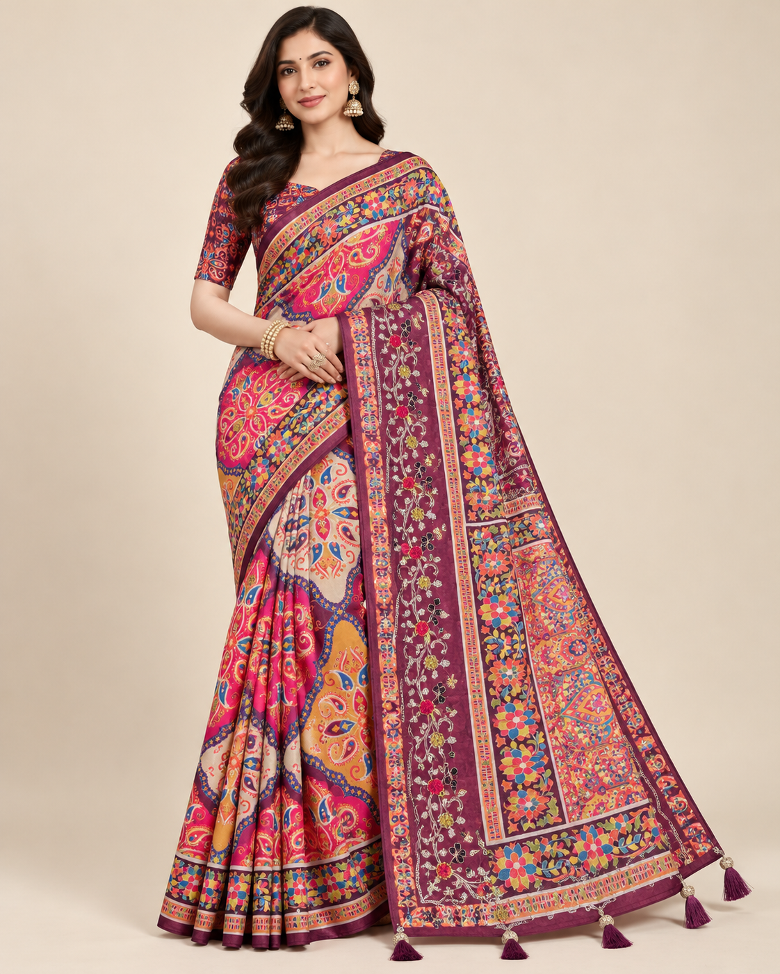 Royal Plum Multicolour Printed Saree with Traditional Paisley Motifs Main image