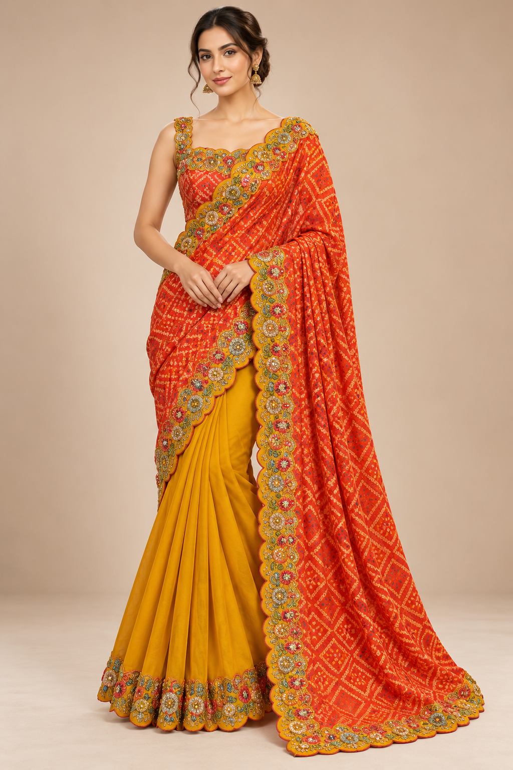 Vibrant Orange Mustard Embroidered Designer Saree Main image