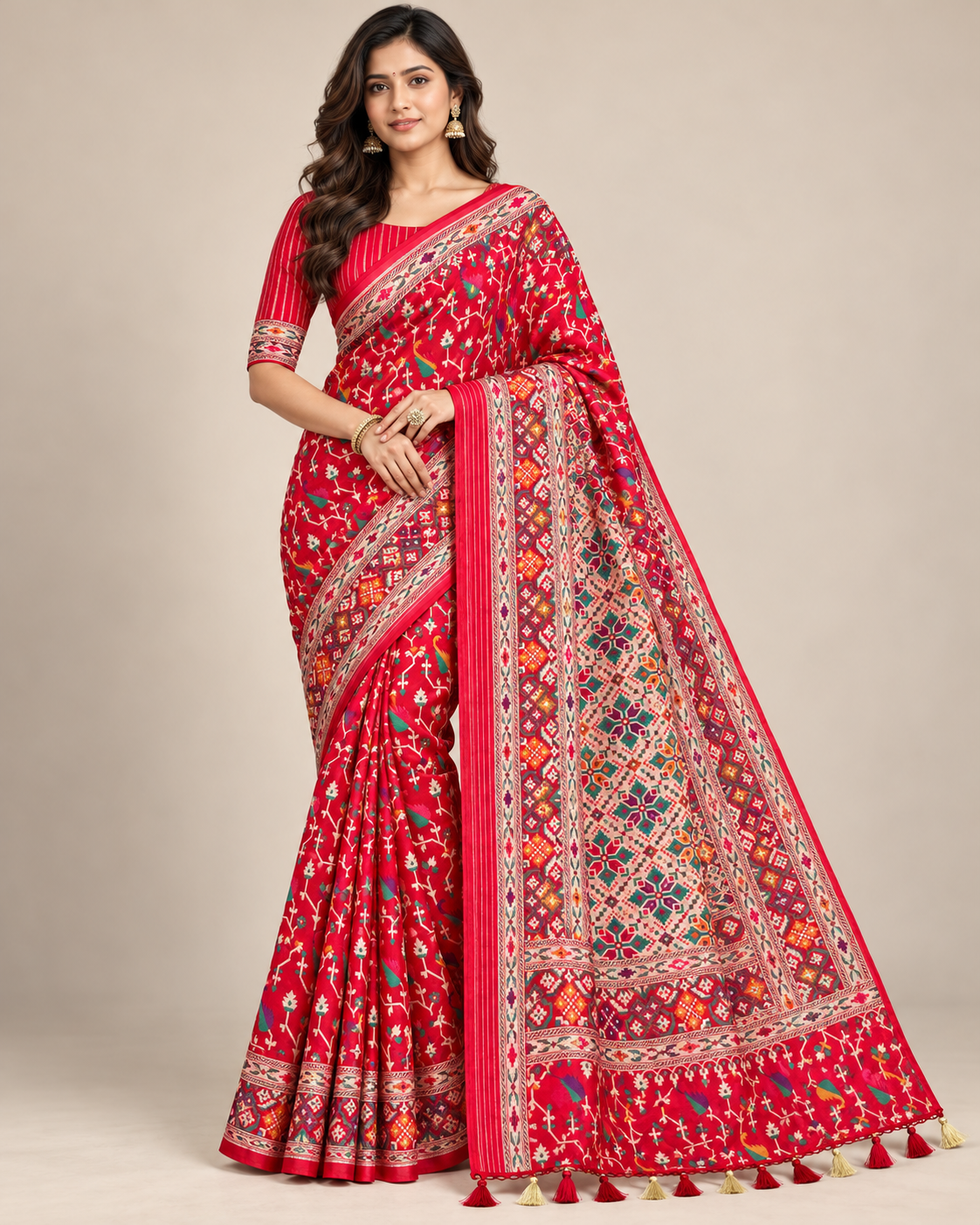 Red Designer Saree with Multicolour Floral Motifs