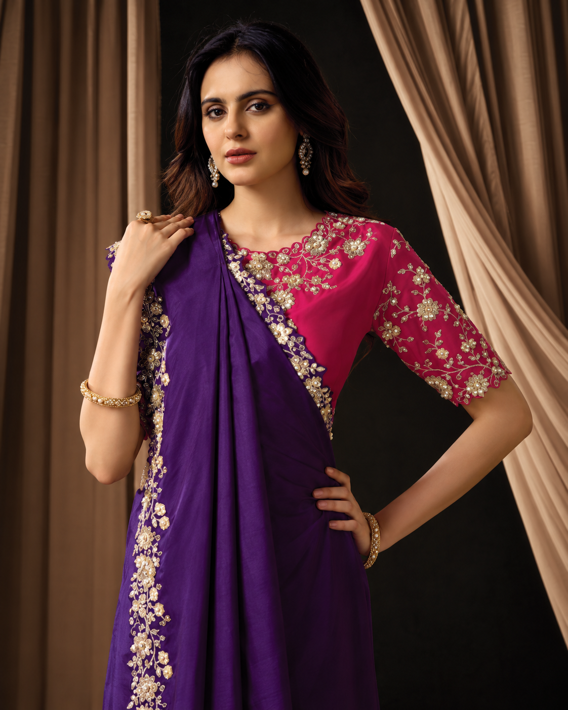 Purple Uppada Silk Saree with Sequin and Pearl Work