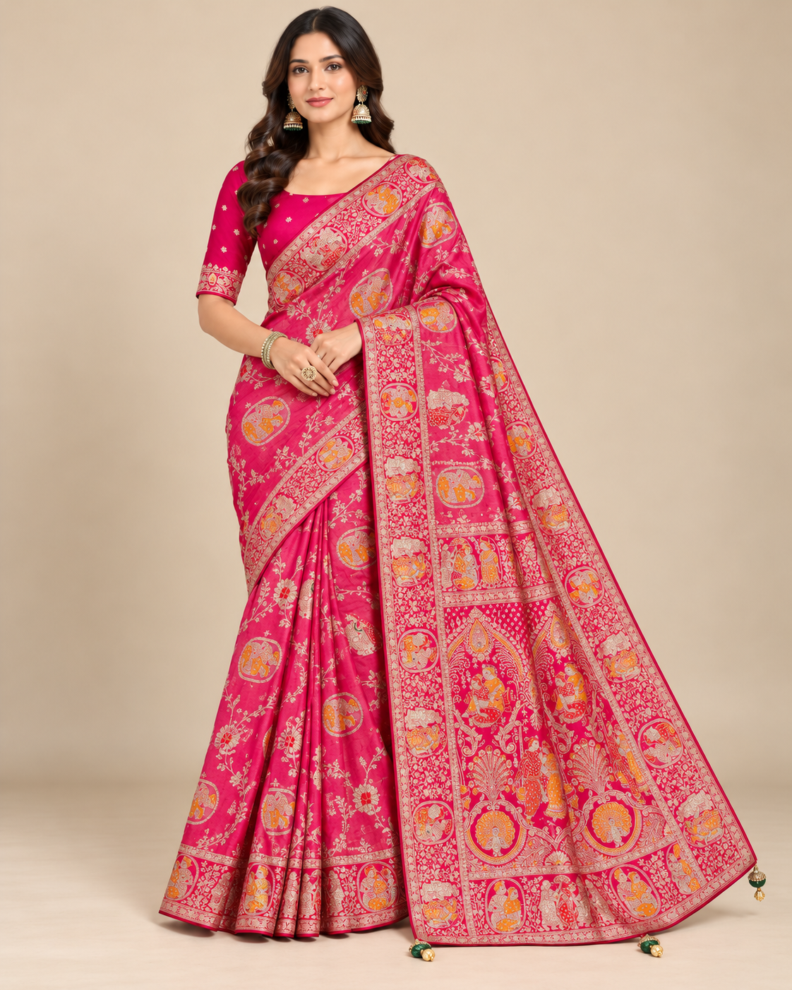 Rani Pink Meenakari Figurative Silk Saree Main image