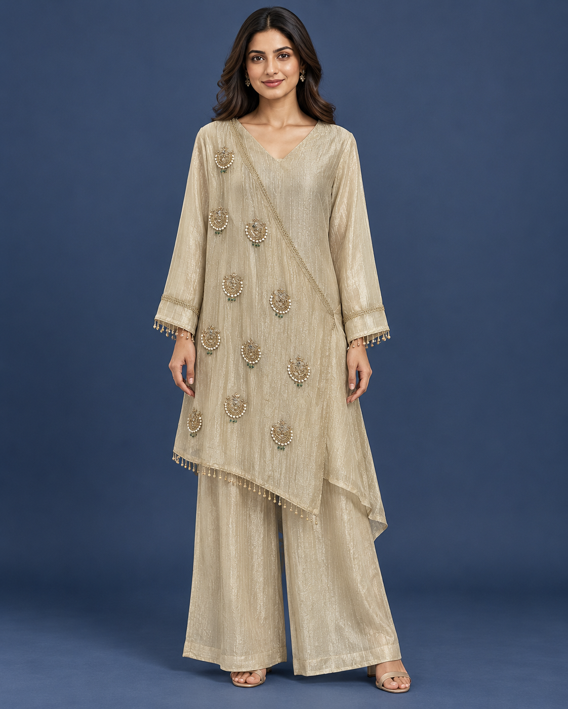 Champagne Gold Embroidered Asymmetric Co-Ord Set