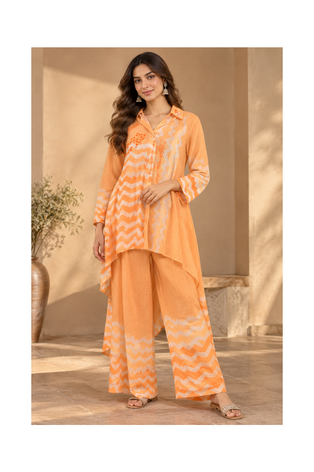 Warm Peach Printed Asymmetric Co-ord Set Main image