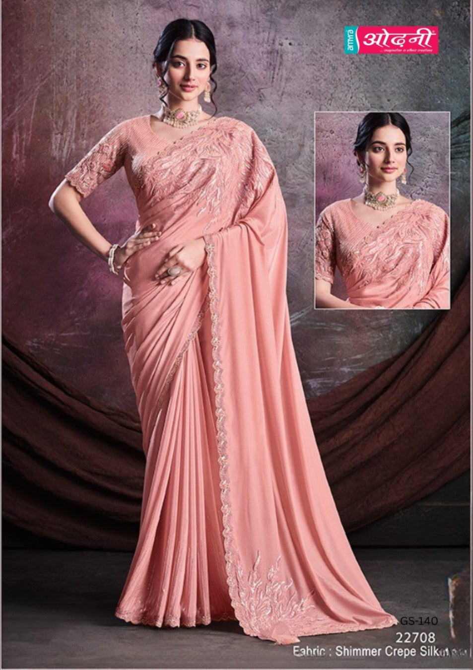 Elegant Peach Shimmer Crepe Silk Saree with Threadwork (22708 GS-140)