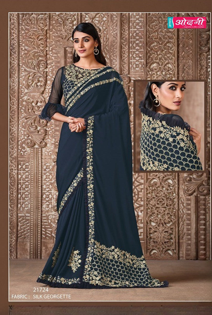 Midnight Garden Silk Georgette Saree in Navy Blue with gold embroidery, perfect for formal events.