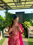 Rani Pink Heavy Embroidered Kurti with Tiered Sharara Set (HK-12658 R-61)