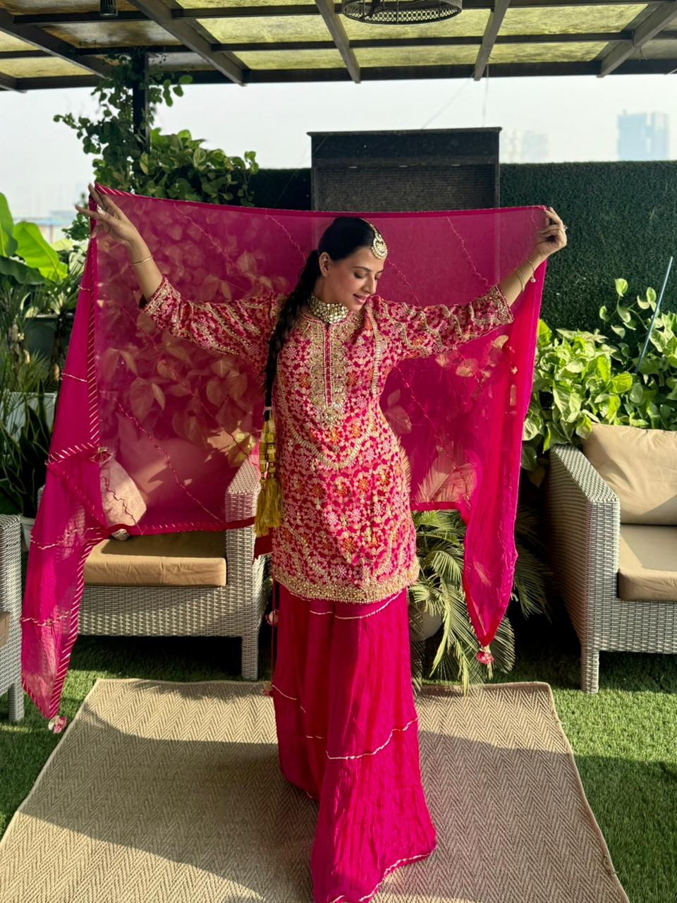 Rani Pink Heavy Embroidered Kurti with Tiered Sharara Set (HK-12658 R-61) Secondary image