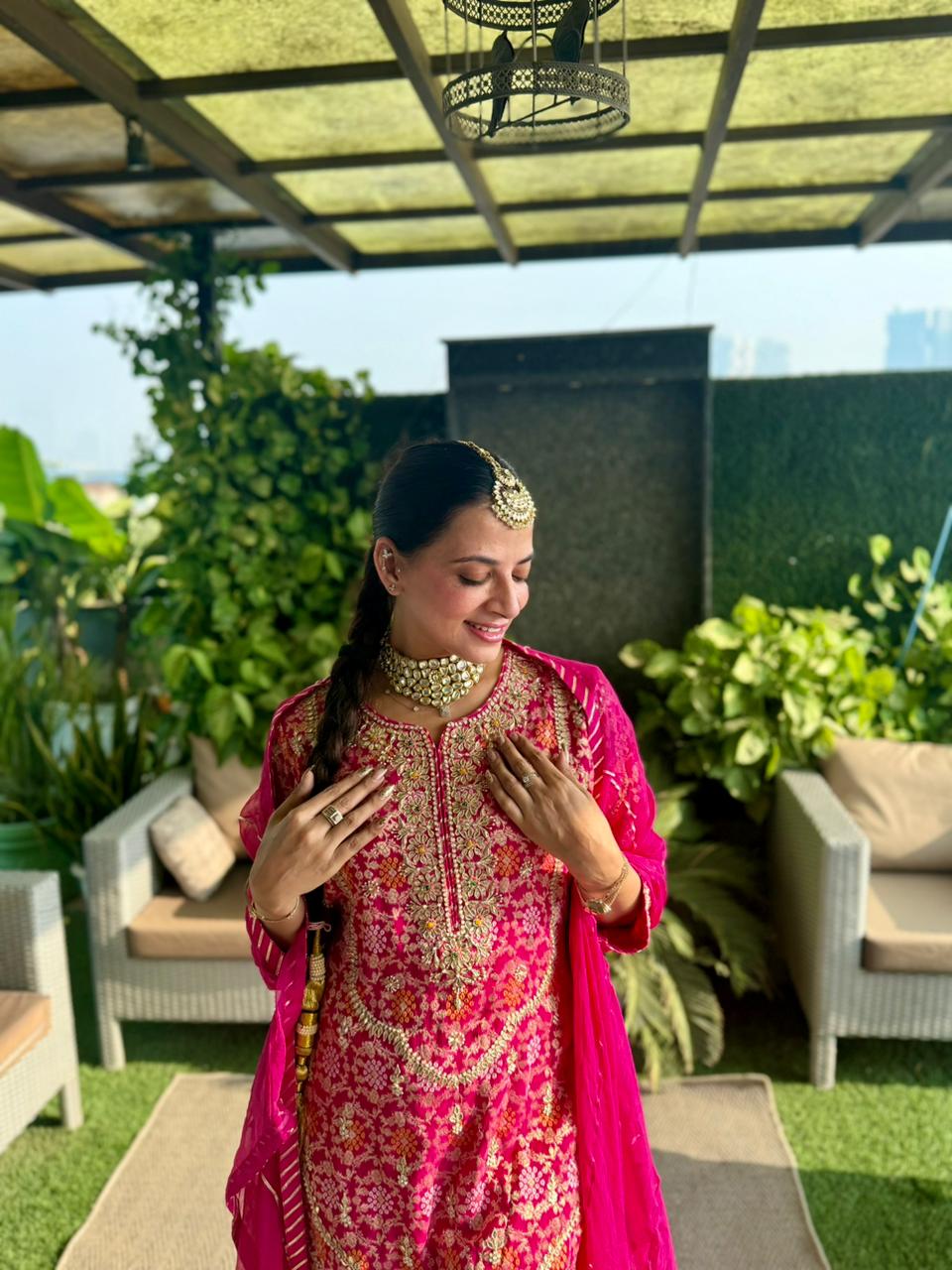 Rani Pink Heavy Embroidered Kurti with Tiered Sharara Set (HK-12658 R-61)