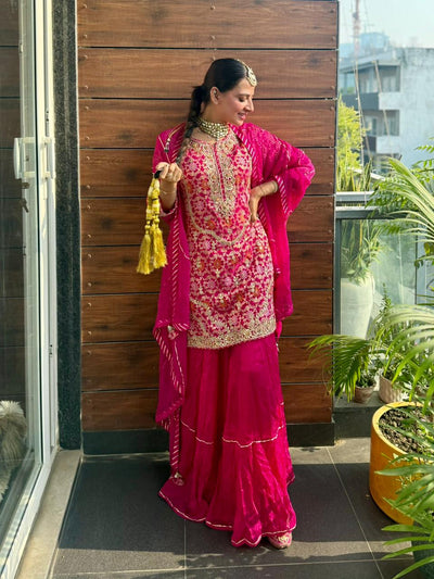 Rani Pink Heavy Embroidered Kurti with Tiered Sharara Set (HK-12658 R-61)