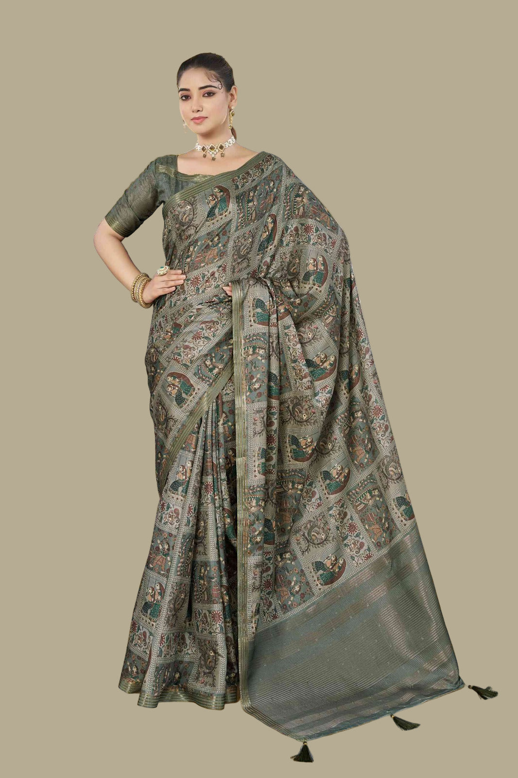 Olive block printed saree (5535 GS-144) Main image