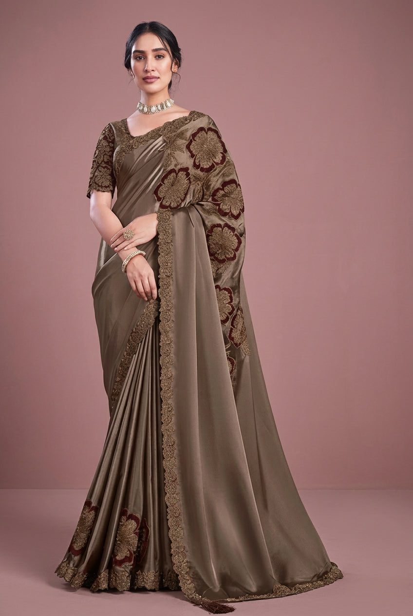 Mushroom Grey Organza Crepe Saree Main image