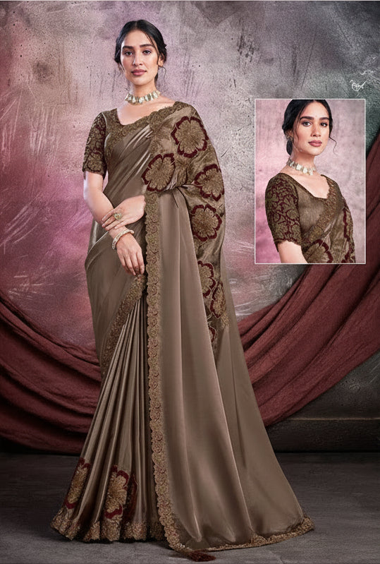 Earthy brown crepe silk saree