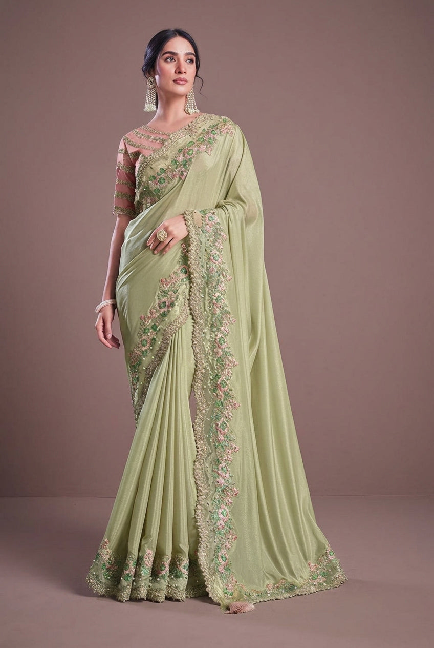 Pistachio Green Shimmer Silk Georgette Saree Main image