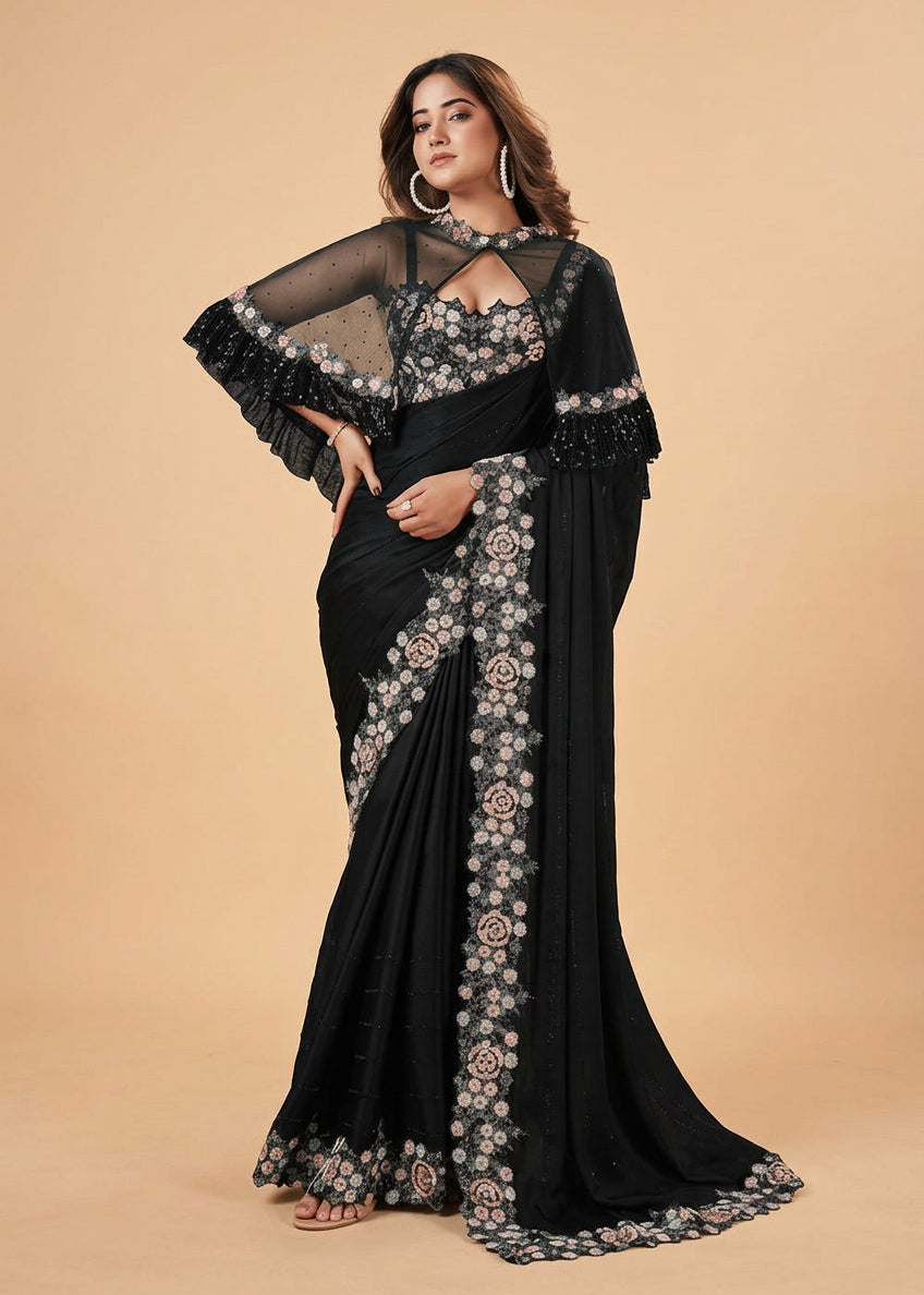 Black Crepe Satin Saree With Cape Blouse Main image