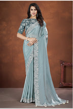 Dusty Blue Crepe Satin Silk Saree