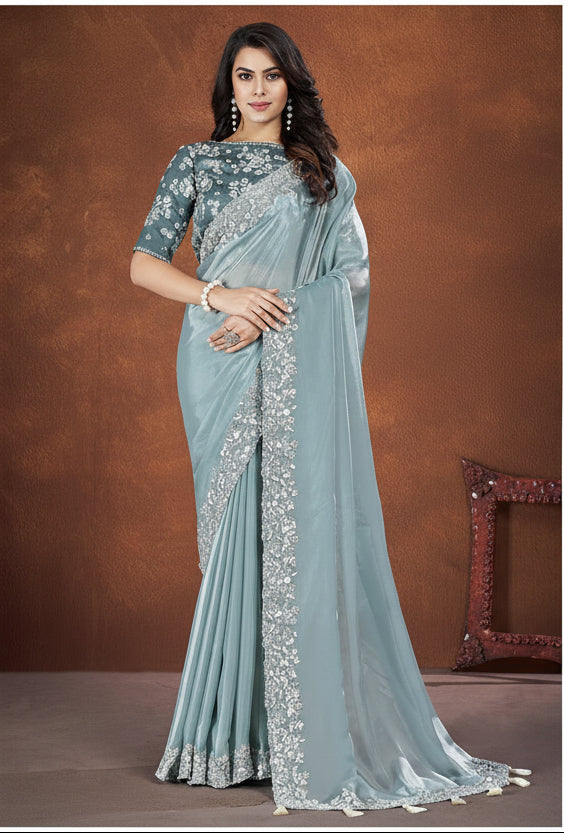 Dusty Blue Crepe Satin Silk Saree
